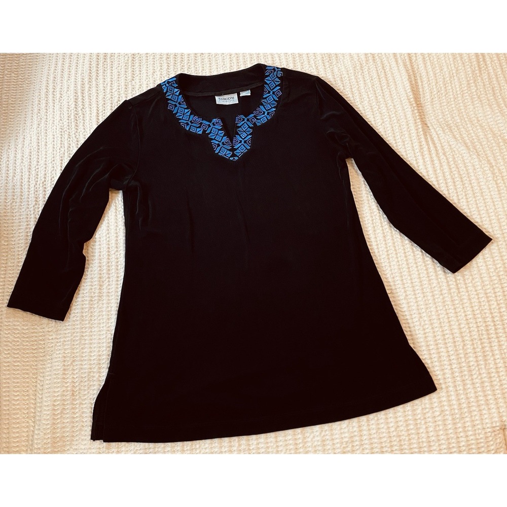 Chico's Tunic Top Blouse Women Tribal Embroidered Blue Black, Size‎ M (1) - Picture 2 of 6